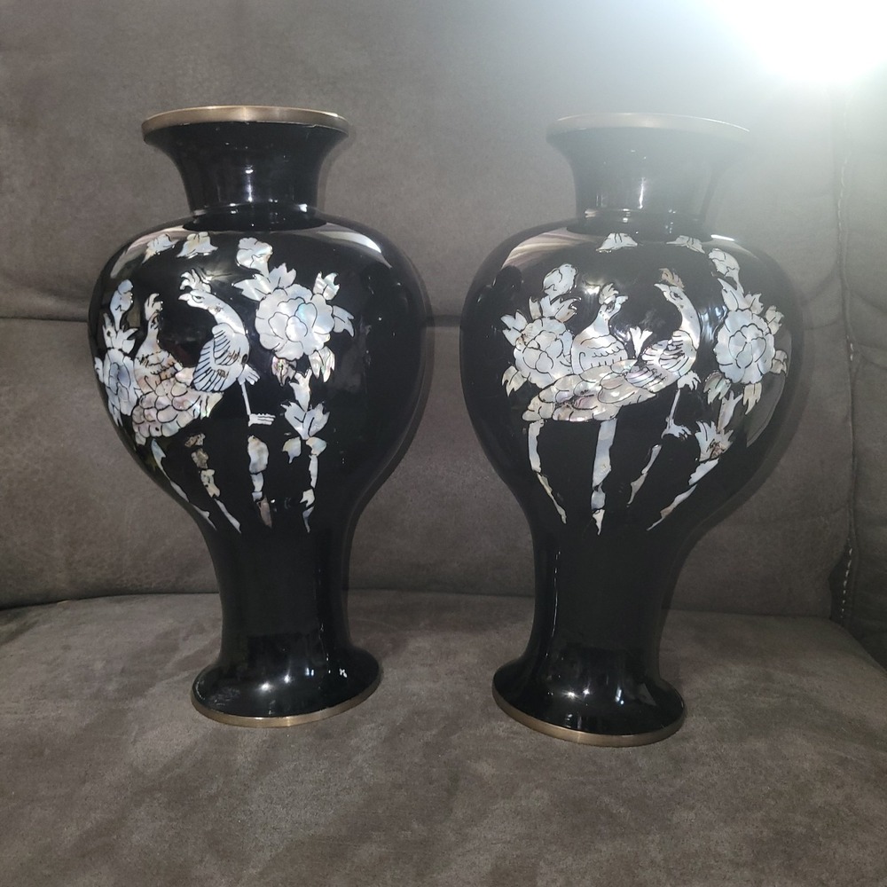 2 Abalone Inlay Black Seashell Iridescent Birds Flowers Mother Of Pearl Vases